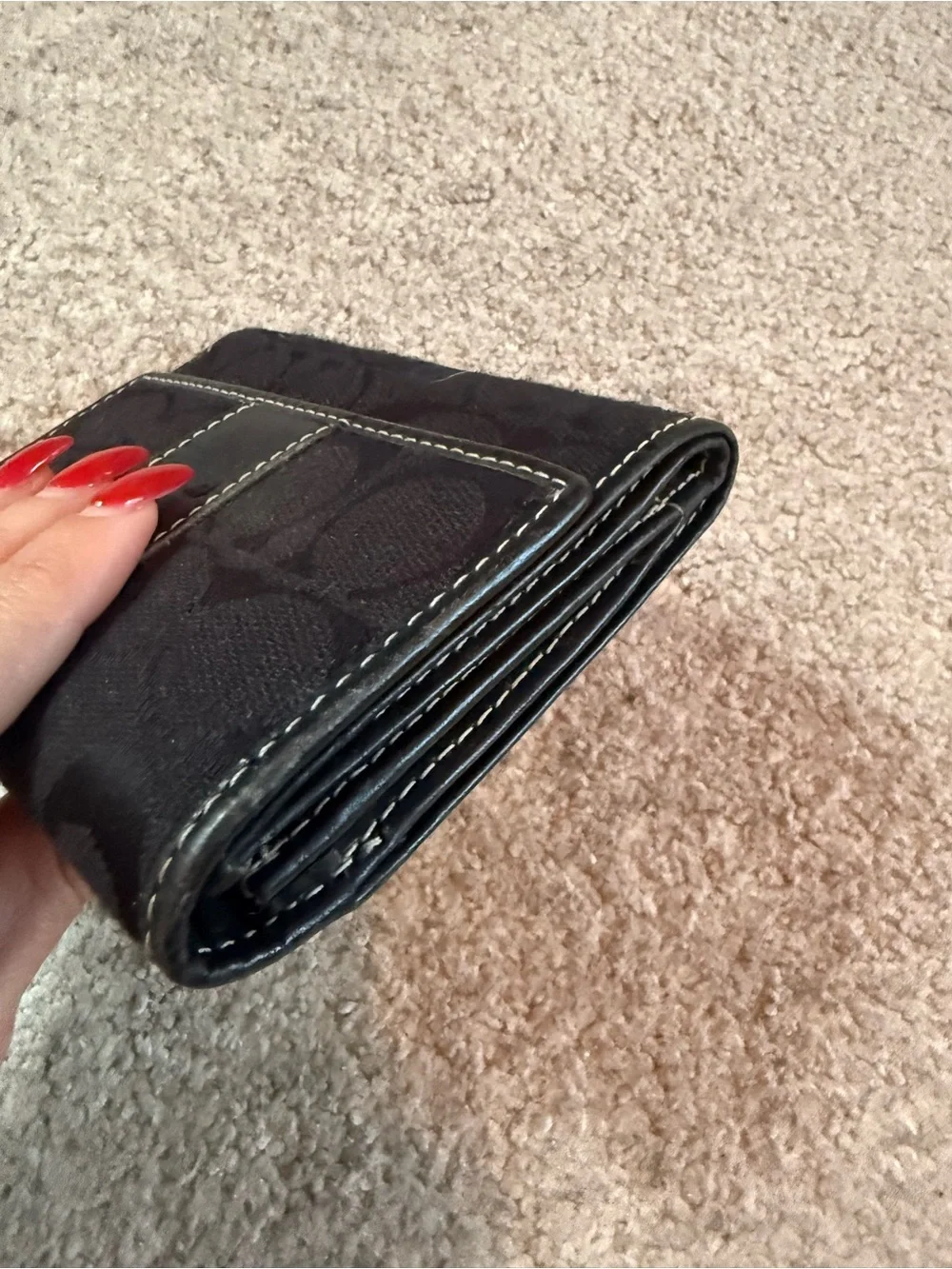 Coach Black Signature Canvas Trifold Wallet with Leather Trim